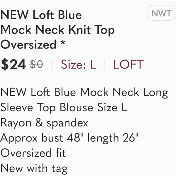 NEW Loft Blue Mock Neck Knit Top Oversized * - Picture 3 of 5
